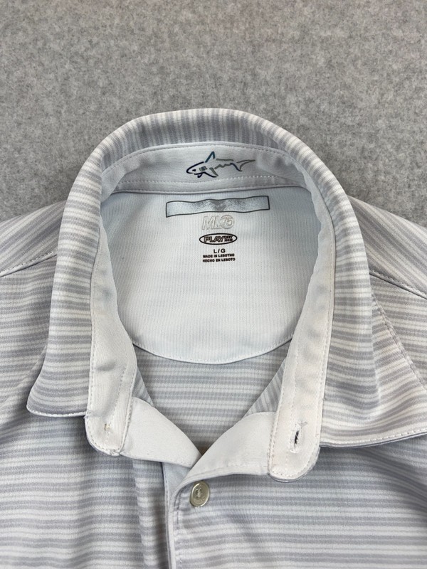 Greg Norman Play Dry Golf Polo Shirt Mens LG White Gray Stripe Shark Logo gallery
