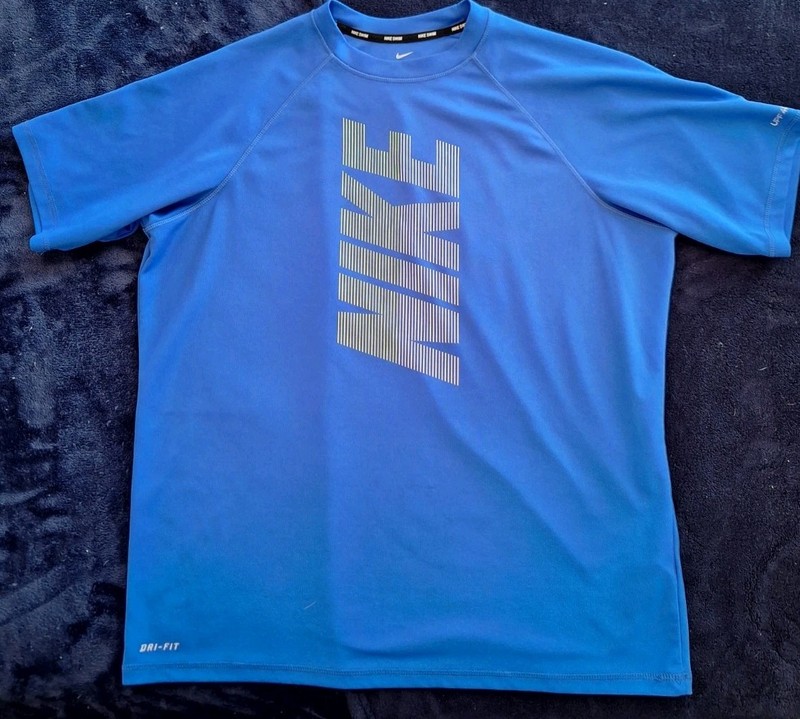 Nike Swim Dri Fit Mens Shirt Royal Blue Block Letters Logo UPF 40+ SZ XL gallery