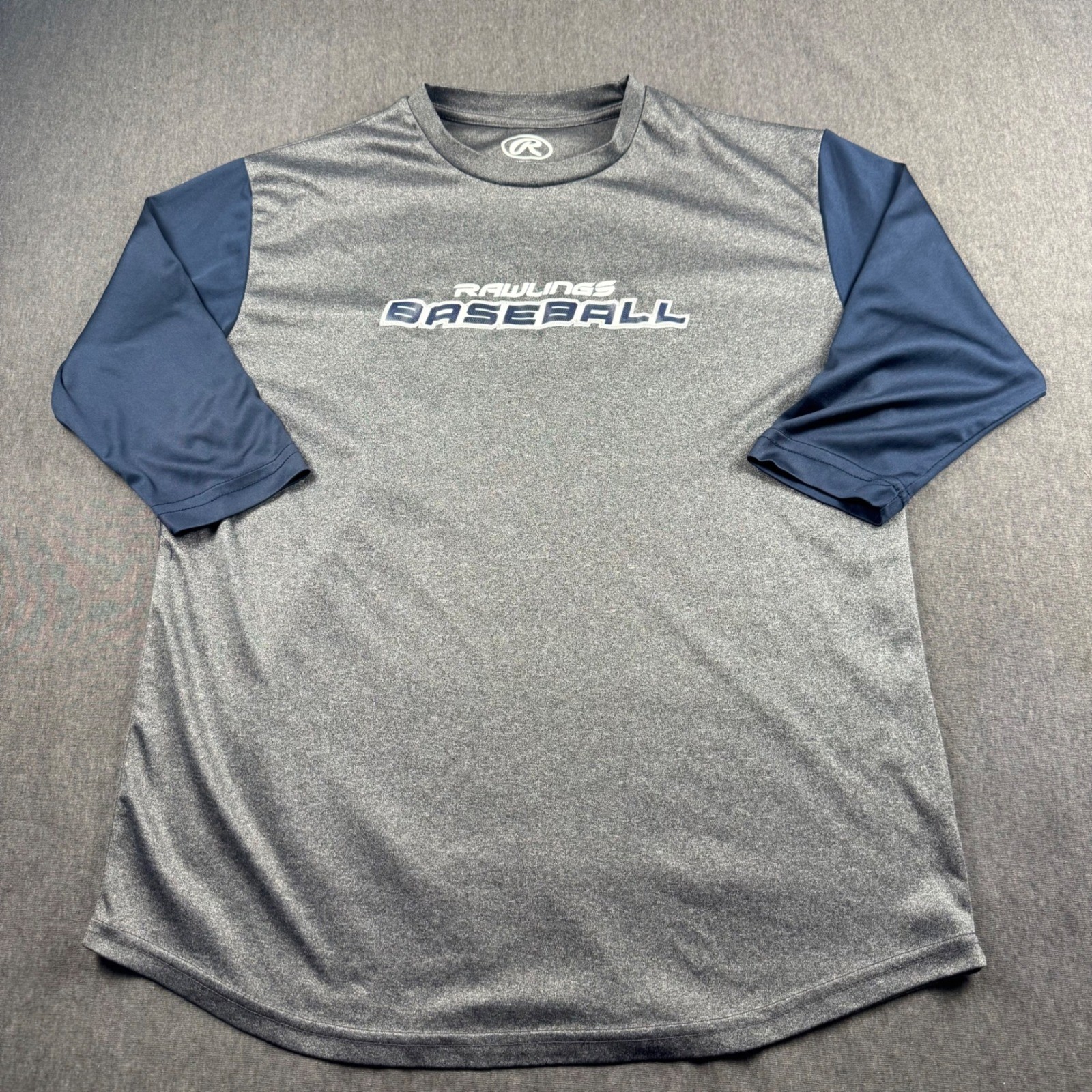 Rawlings Baseball Shirt Mens Youth XL Gray Navy Blue 3/4 Sleeve Athletic Tee gallery