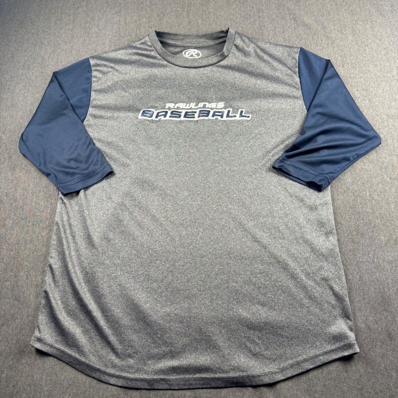 Rawlings Baseball Shirt Mens Youth XL Gray Navy Blue 3/4 Sleeve Athletic Tee gallery