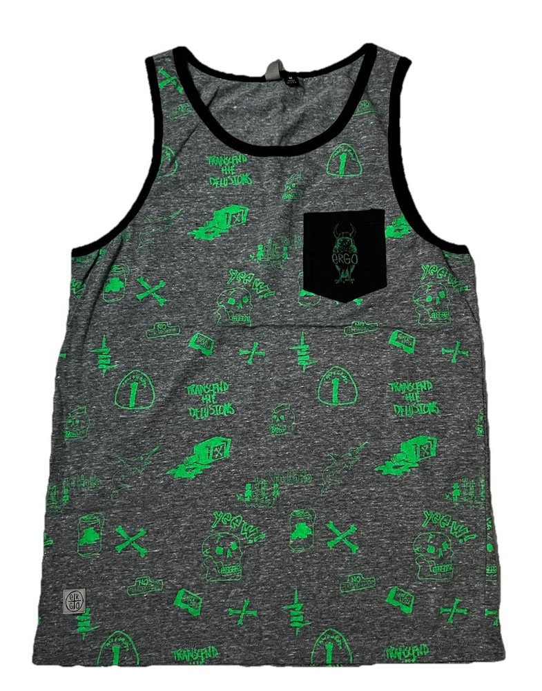 Vintage Y2K Tank Top ERGO Mens Large Gray/Black/Green Skeleton Soft Retro