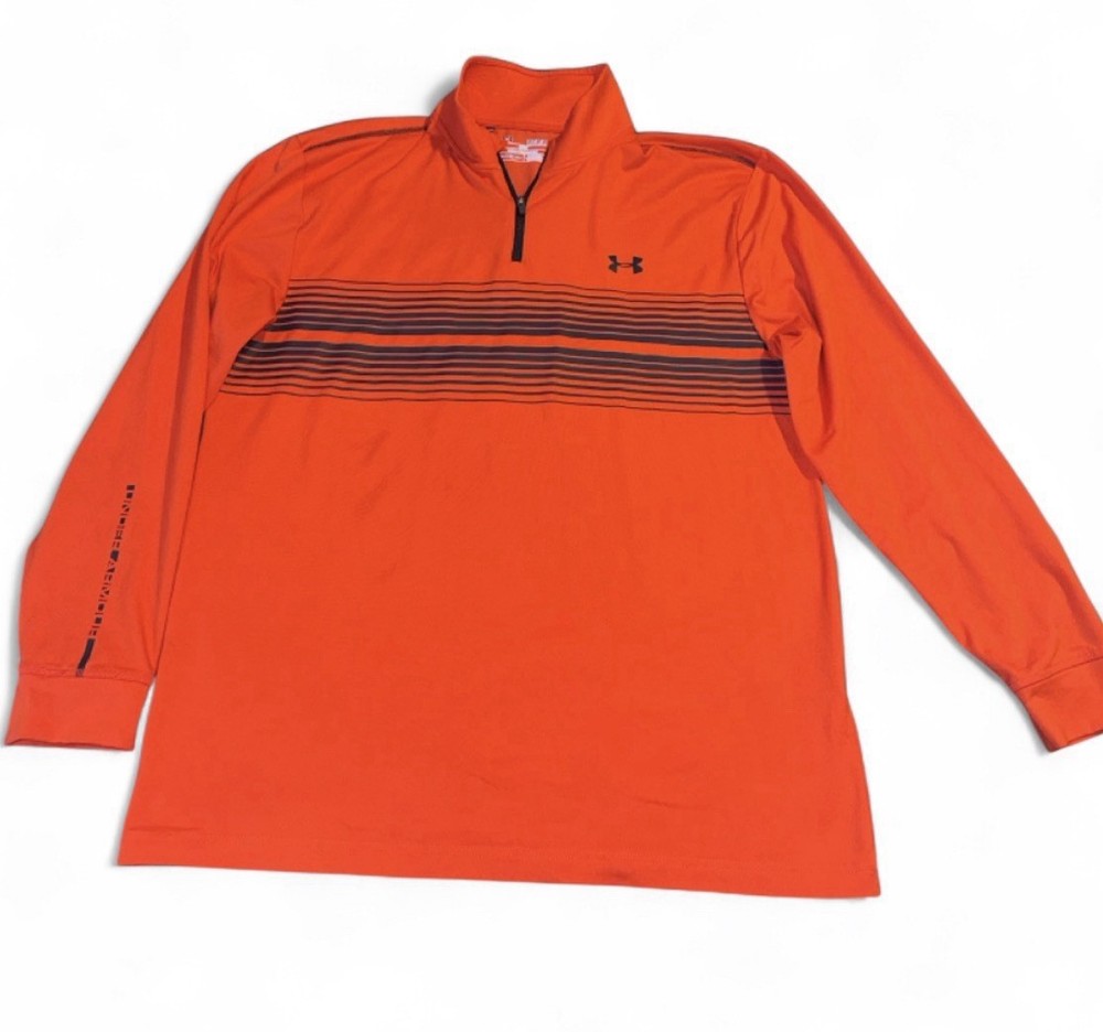 Under Armour ColdGear 1/4 Zip Pullover Mens Medium Orange Striped Loose Fit