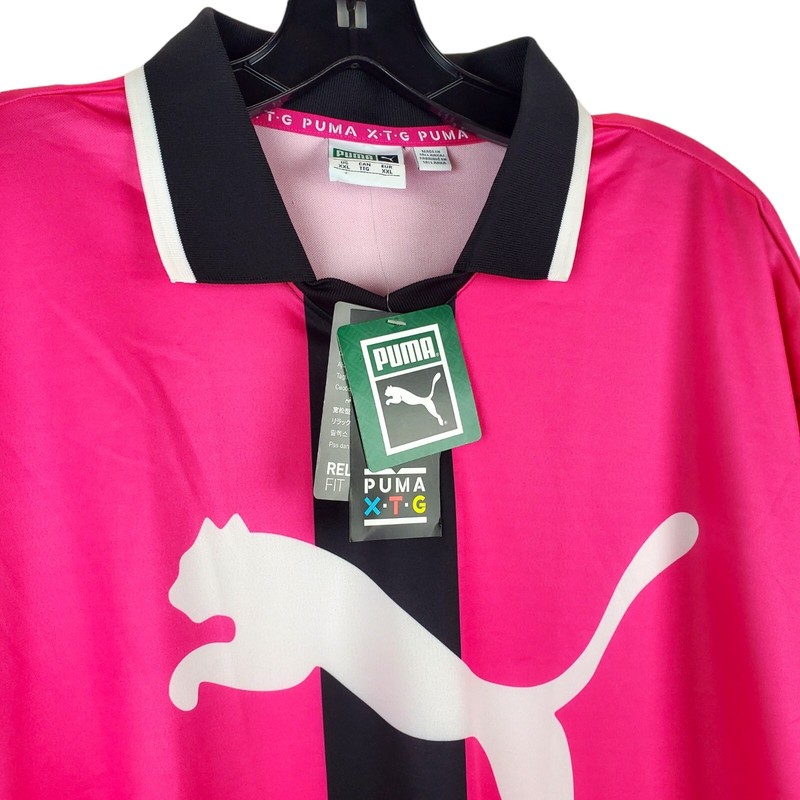 PUMA XTG Polo Shirt Adult XXL Pink Black BIG LOGO Spell Out Soccer Activewear gallery