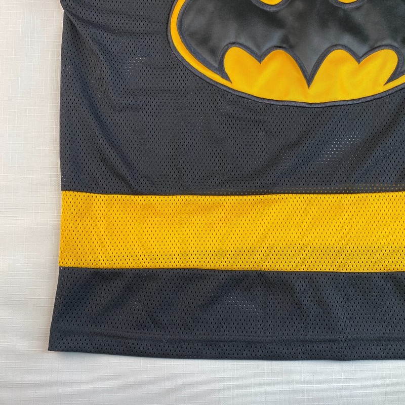 VTG 2000 BATMAN "6 FLAGS" MESH JERSEY! Y2K Black Yellow Long Sleeve Sz Adult S gallery