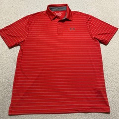 Under Armour Mens Large Polo Golf Shirt Red Striped Short Sleeve The Playoff