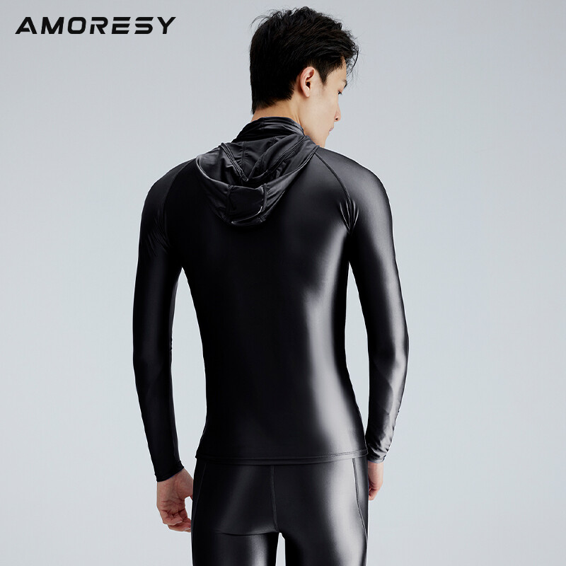 AMORESY Men Shiny Glossy Hooded Sunscreen Top Long Sleeve Fitness Sports T-shirt gallery