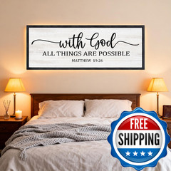 With God All Things are Possible Framed Wall Art, 40”×15” Black Positive Relig