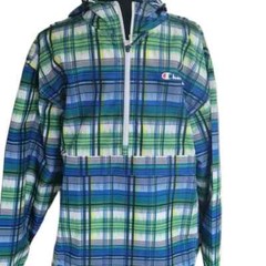 CHAMPION Blue Plaid Pullover Hooded Lightweight Rain Jacket Windbreaker Small