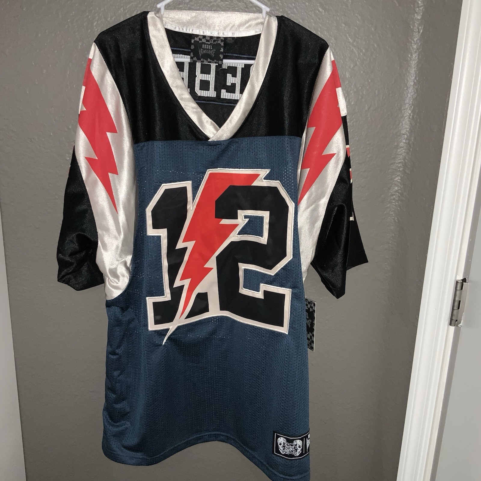 REBEL VENGEANCE FOOTBALL JERSEY #12 Blue Lightning Bolt Men’s 3XL NWT gallery