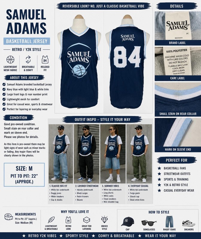 Samuel Adams Basketball Jersey Blue White Mesh Retro Y2K Style Size M gallery
