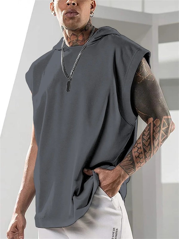 2025 Summer New High Quality Men's Sleeveless Hooded Sweatshirt Loose Ve gallery