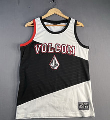 Vintage Volcom Stone Jersey Medium White Red black Sleevless Embroidered Shirt