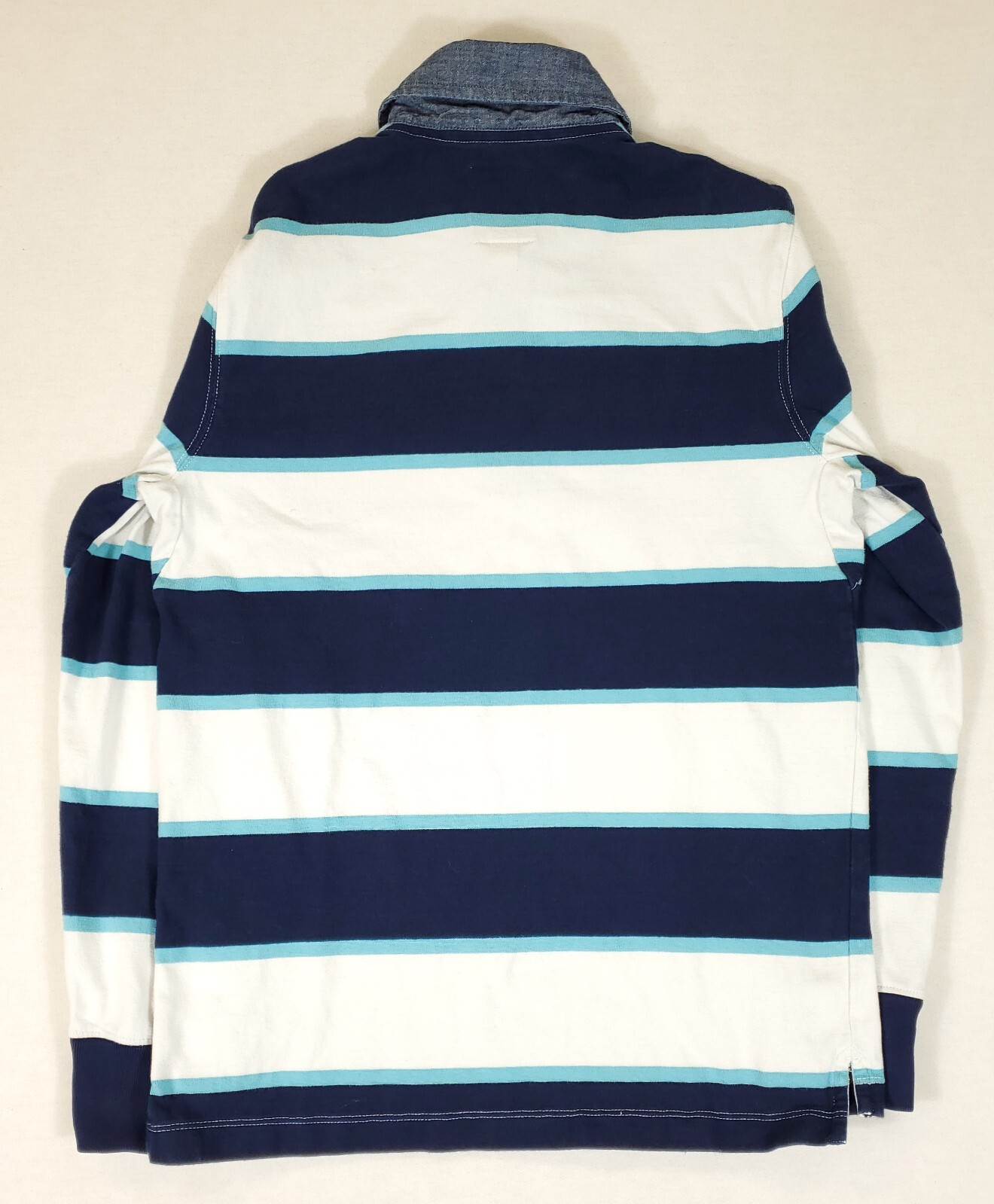 Lands' End Rugby Navy Cornflower Blue White Striped Chambray Collar Shirt Mens S gallery
