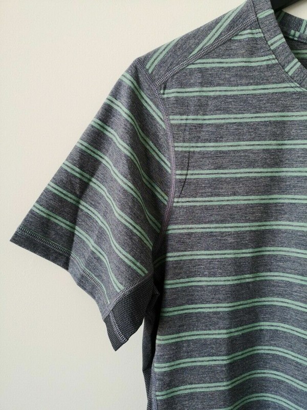 NWT LULULEMON DBLV Grey Gray Green Stripe T.H.E. Crew SS Top Shirt Men's Medium gallery