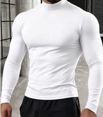 Men’s White Mock Neck Long Sleeve Compression T-Shirt Athletic Fit Size L