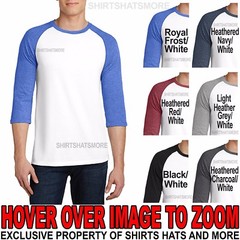 Mens 3/4 Sleeve Plain Baseball T-Shirt Raglan Sports Jersey S-XL, 2XL, 3XL, 4XL