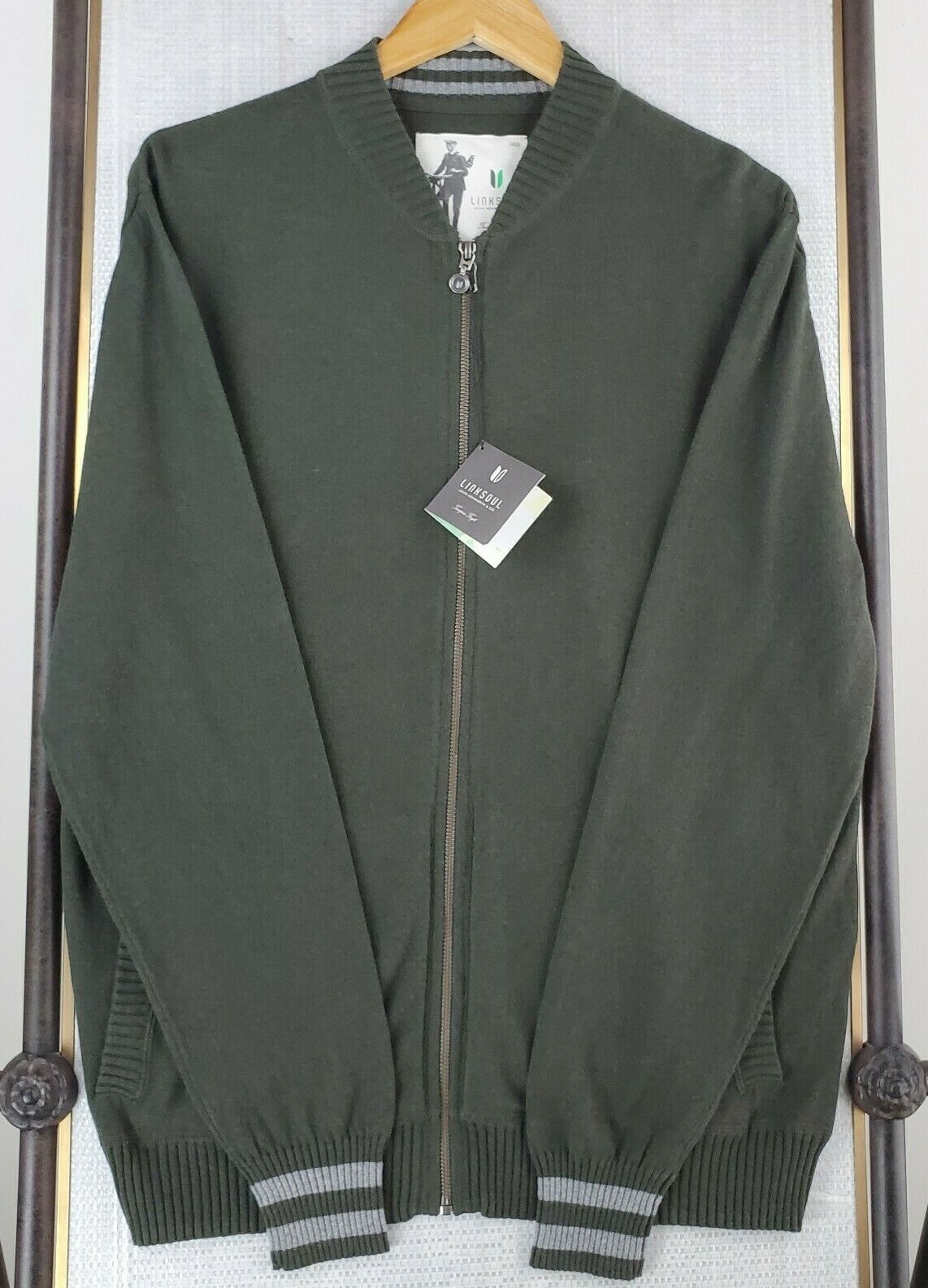 LINKSOUL NEW $185 Size Large Cotton/Cashmere Full Zip Olive Mens Sweater Golf gallery