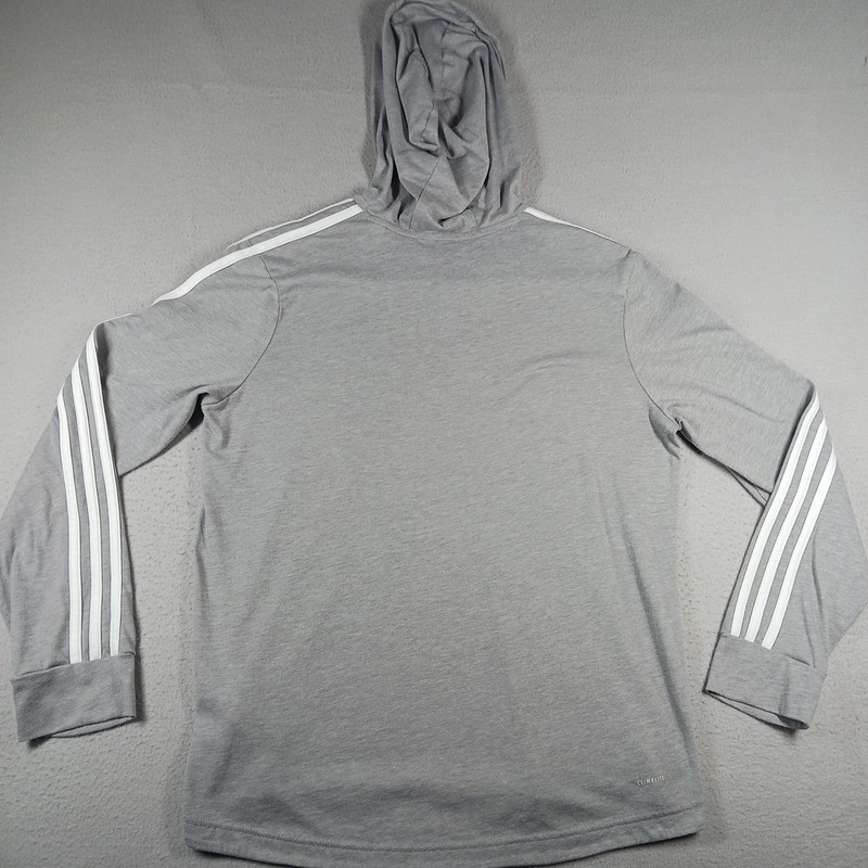 Adidas Hooded Shirt Mens Medium Gray Climalite 3-Stripes Pullover Athletic Logo gallery