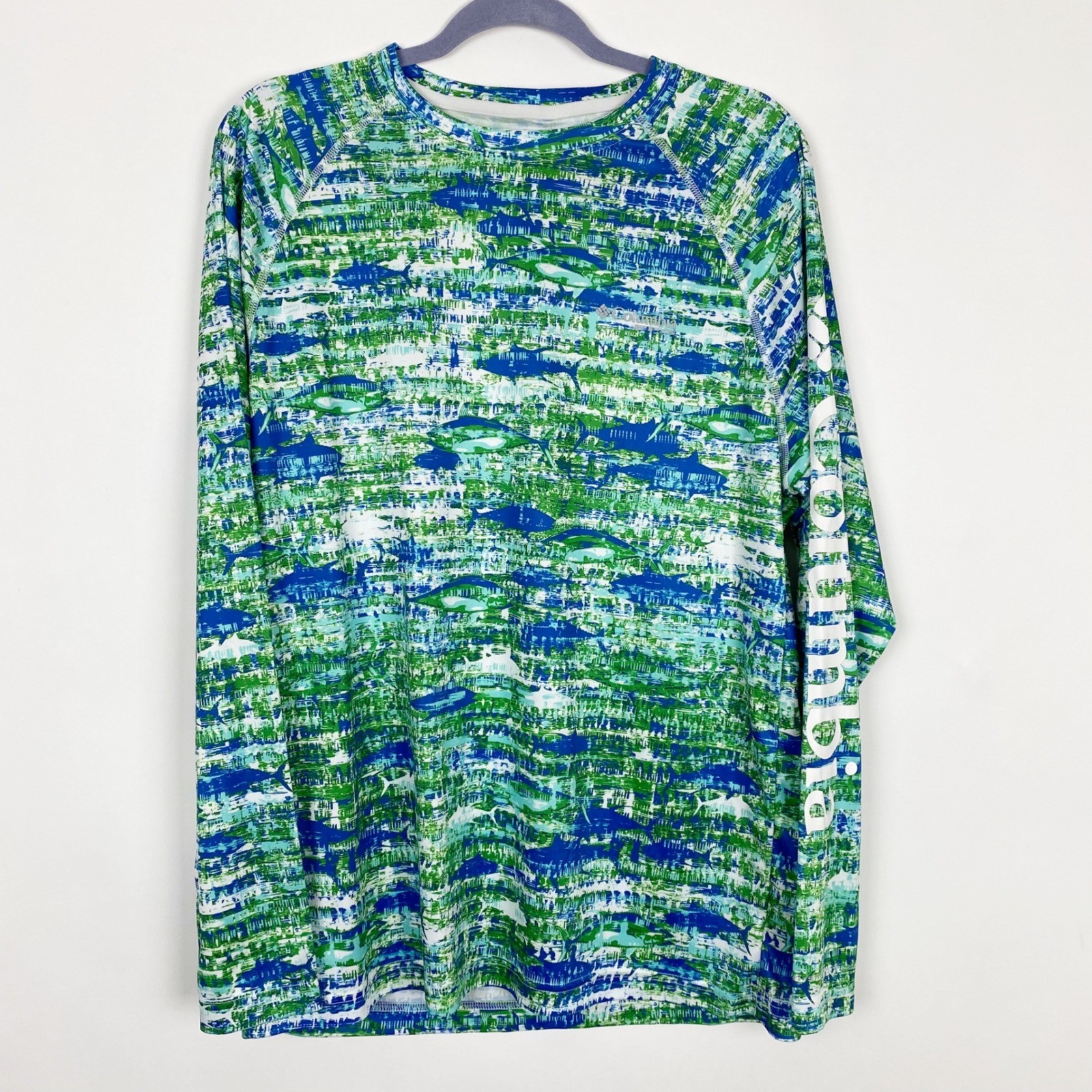 Columbia PFG Terminal Tackle Fish Print Long Sleeve Fishing Shirt Mens M Blue gallery