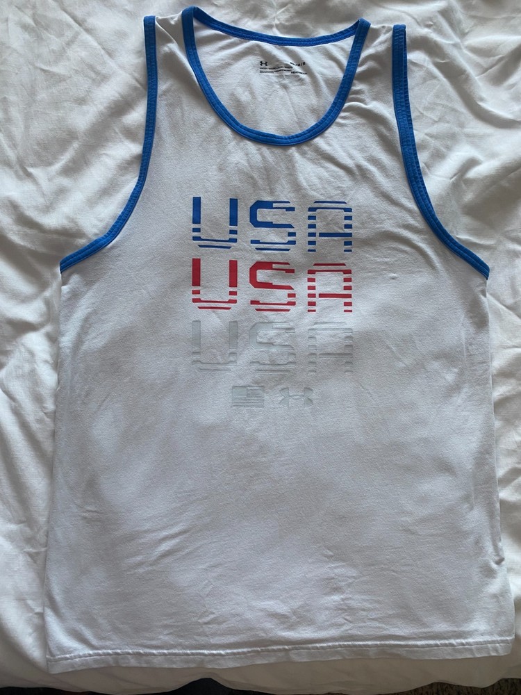 Under Armour Tank Top White USA Graphic Heat Gear Men's Size Medium 4th of July