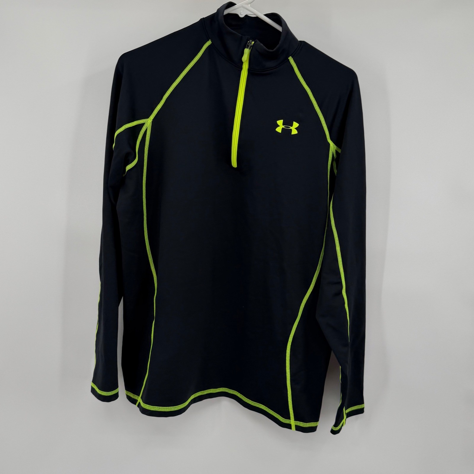Under Armour 1/4 Zip Pullover Mens Medium Black ColdGear Neon Green Trim gallery