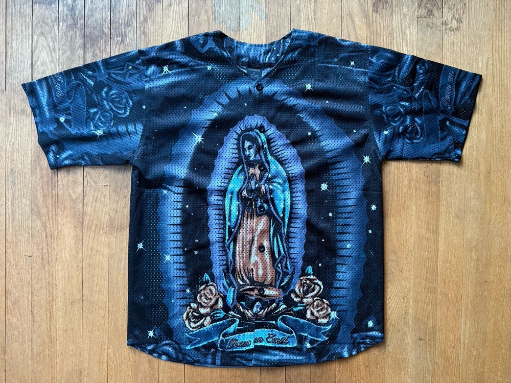 Vintage 90s Virgen Guadalupe Chicano Mesh Button Up Jersey Size M All Over Print