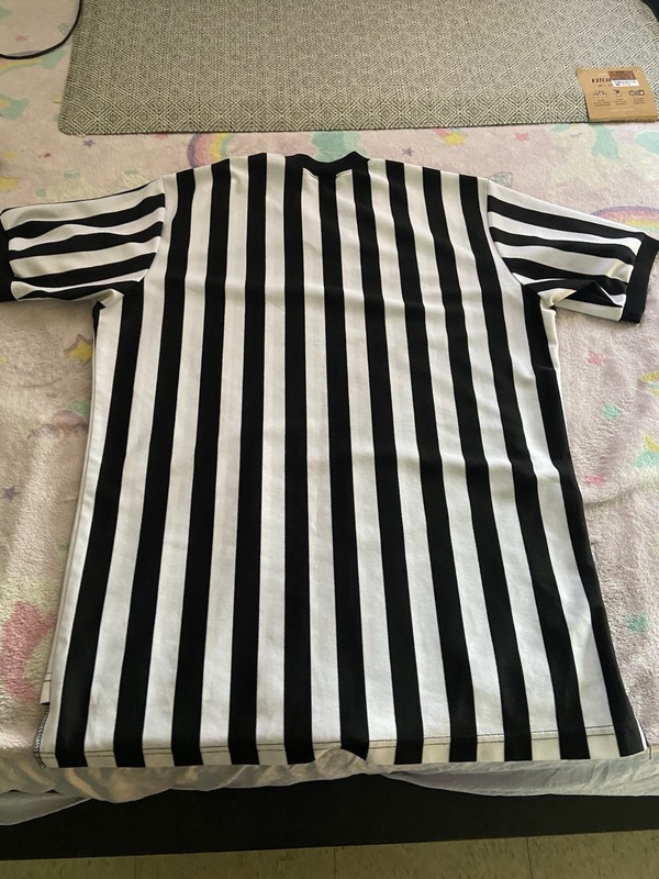 Men's Black/White Striped V-Neck Referee Jersey T-Shirt Breathable L gallery