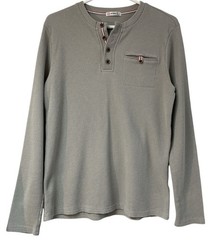 H2H Mens Large Waffle Weave Shirt Gray Navy Red Trim Henley Button Front Pocket