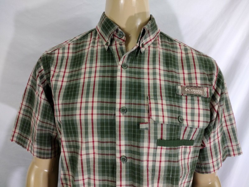 COLUMBIA PFG FISHING / RIVER SHIRT Mens M Olive Green Red Tan Plaid Checked SS gallery