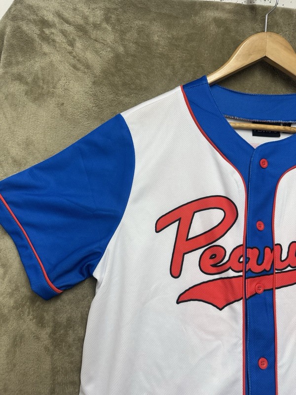 Peanuts Snoopy Baseball Jersey Medium White Blue Button Front Short Sleeve gallery