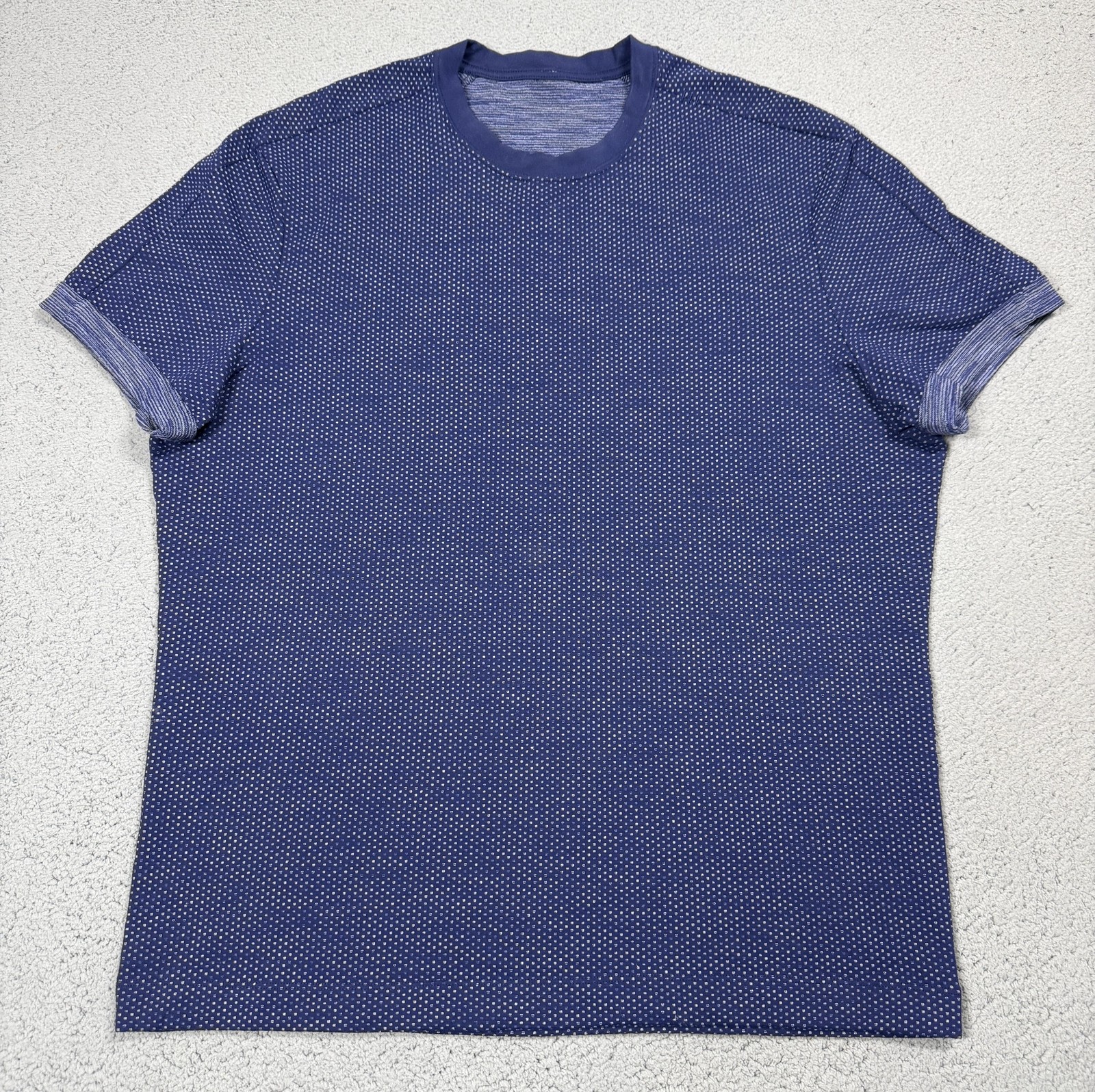 Lululemon Shirt Mens XL Blue Polka Dot Short Sleeve Raglan Athletic Gym Top gallery