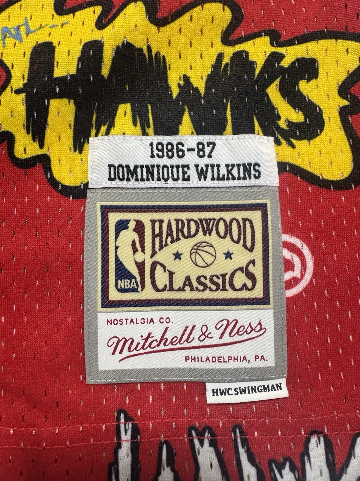 MENS MITCHELL & NESS SLAP STICKER SWINGMAN JERSEY HAWKS 1986 DOMINIQUE WILKINS gallery