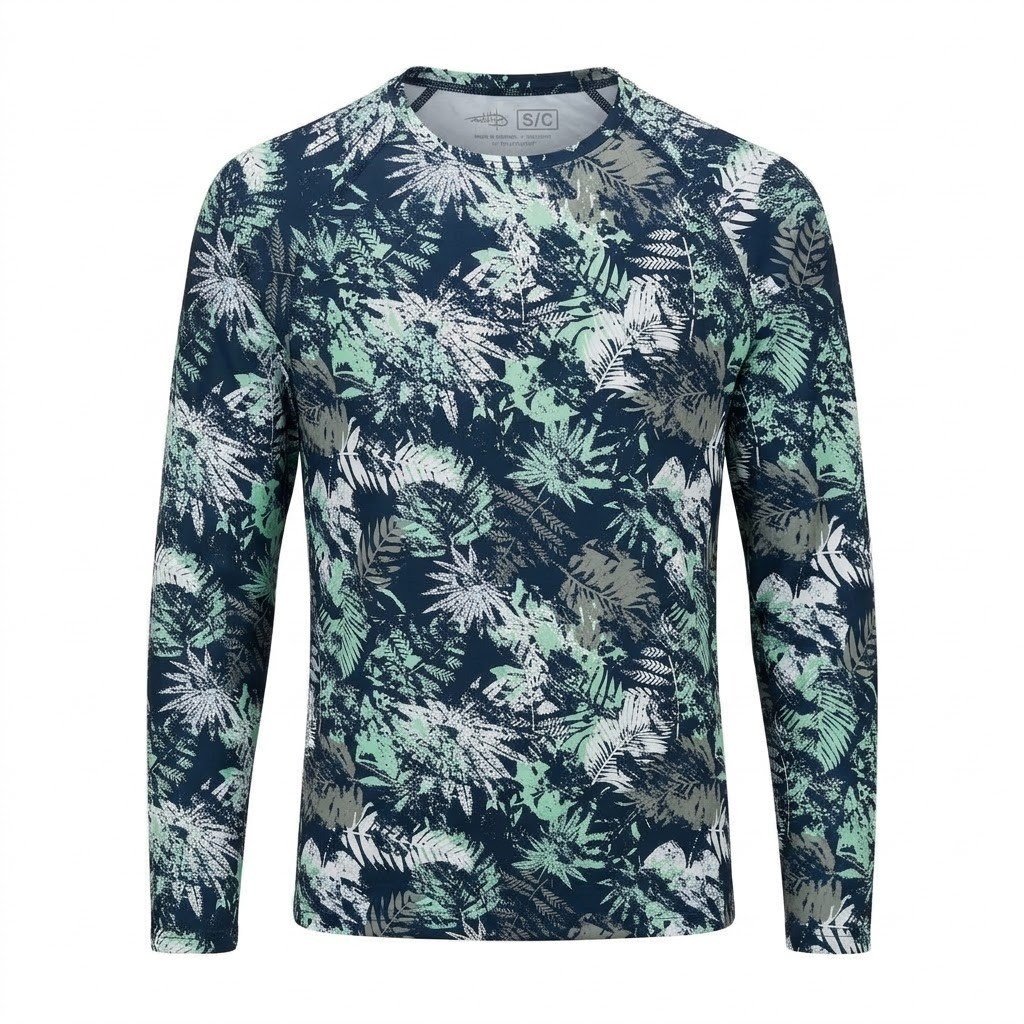 Reel Life Men's SMALL Long Sleeve Performance Fishing Shirt Blue Tropical Leaf gallery