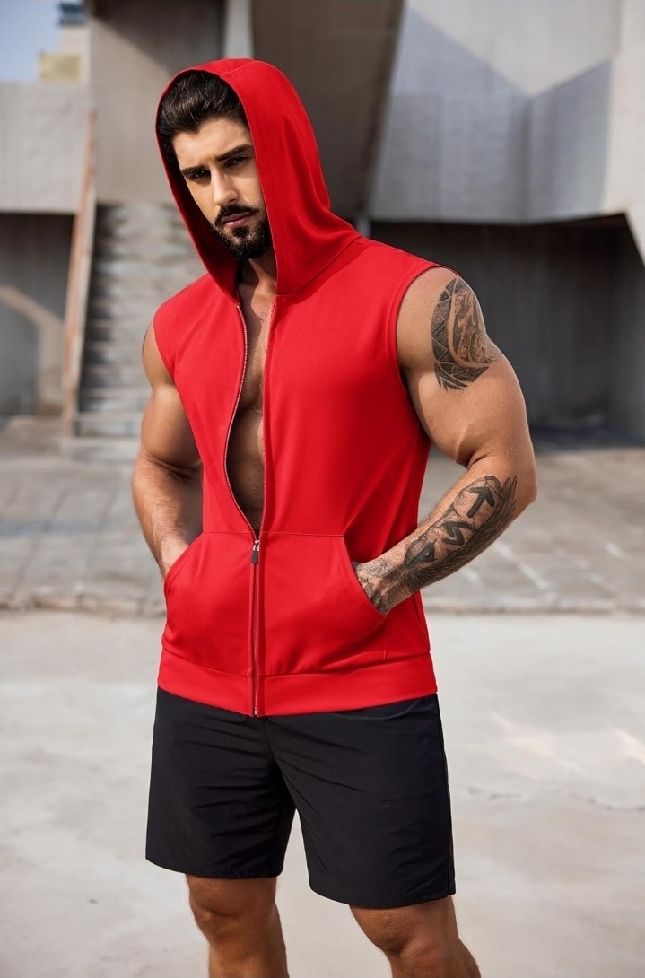COOFANDY Men's Workout Sleeveless Hooded Zip-Up Tank Top Red Size Medium gallery