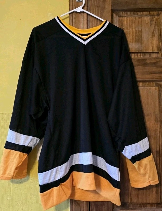 Vintage Athletic sewing Hockey Jersey Mens S-M Black Yellow White Stripe V Neck gallery