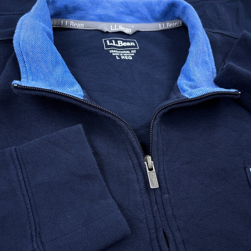 LL Bean Sweater Men Large Pullover Navy Blue Quarter Zip Mesh Knit Rugby Unlined gallery