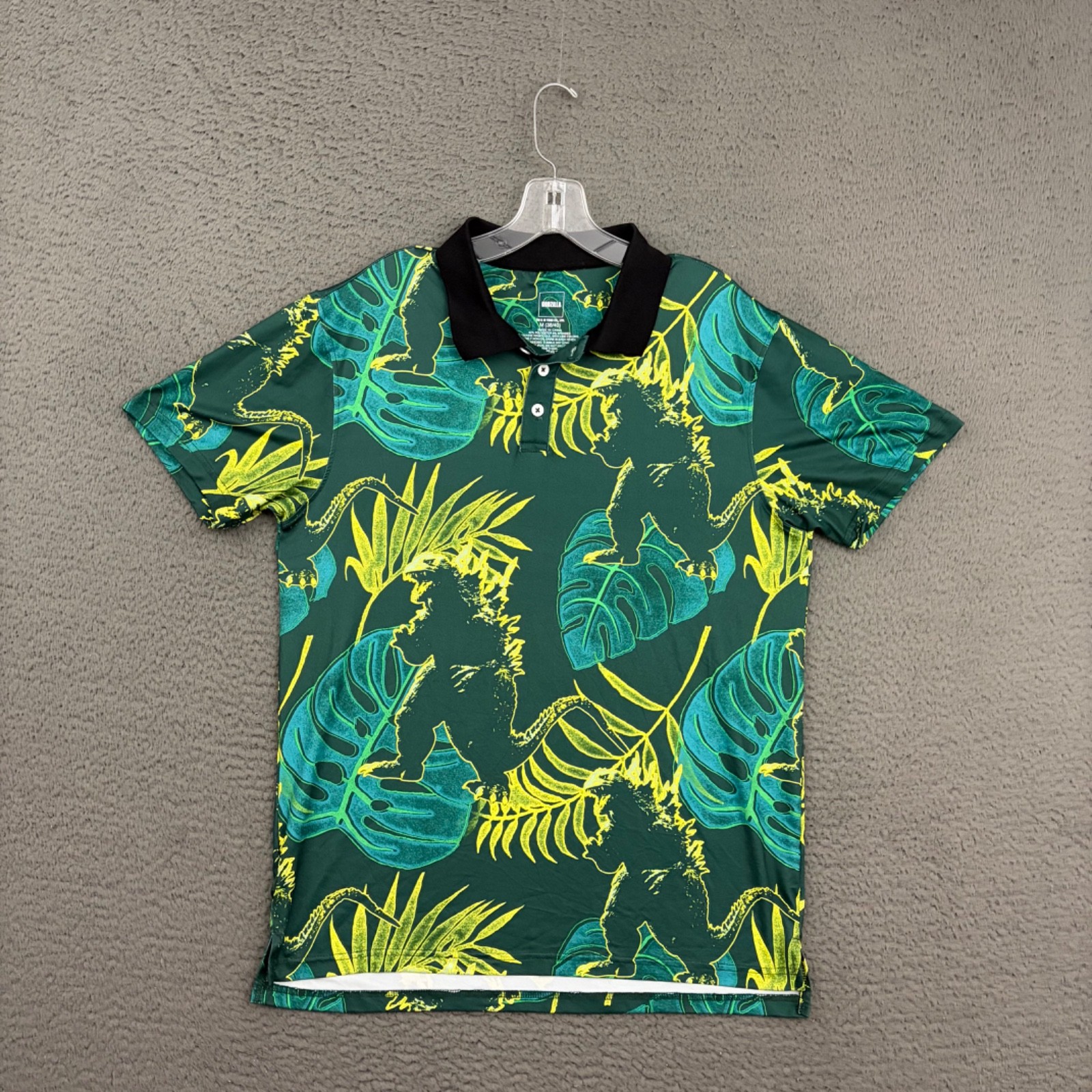 Godzilla Toho Polo Shirt Mens Medium Green Tropical All Over Print Stretch Movie gallery