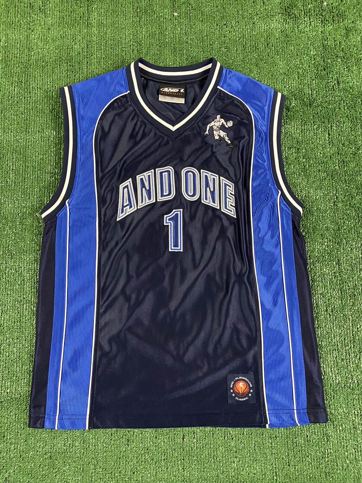Vintage And1 And One Blue Black Basketball Playground Jersey Sz Youth Medium gallery