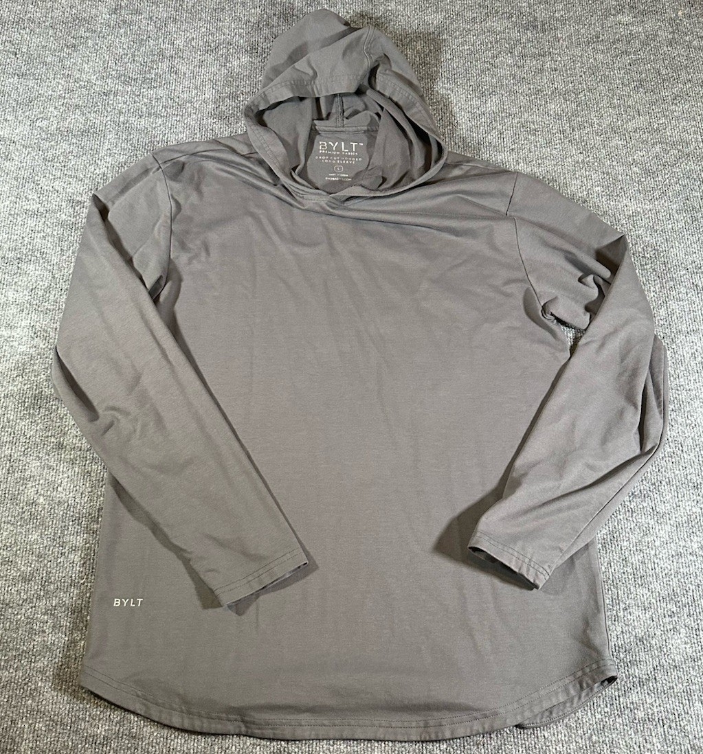 Bylt Premium Basics Men’s Large Grey Drop Cut Hooded Long Sleeve Shirt EUC gallery