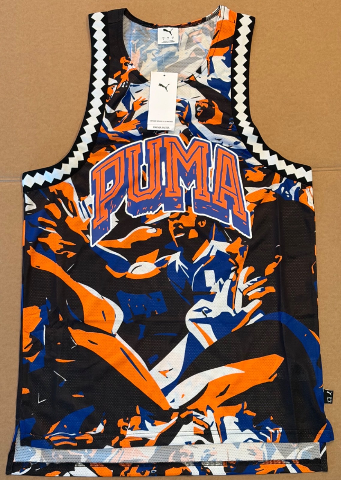 NWT $40 Puma Rival Rage Blue Orange Graphic All-Over Print Mesh Tank Top Size S gallery