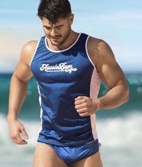 🔥 NEW AussieBum SILKY Nylon Tank Top Surfing Men XL NAVY BLUE Aussie Bum Glanz