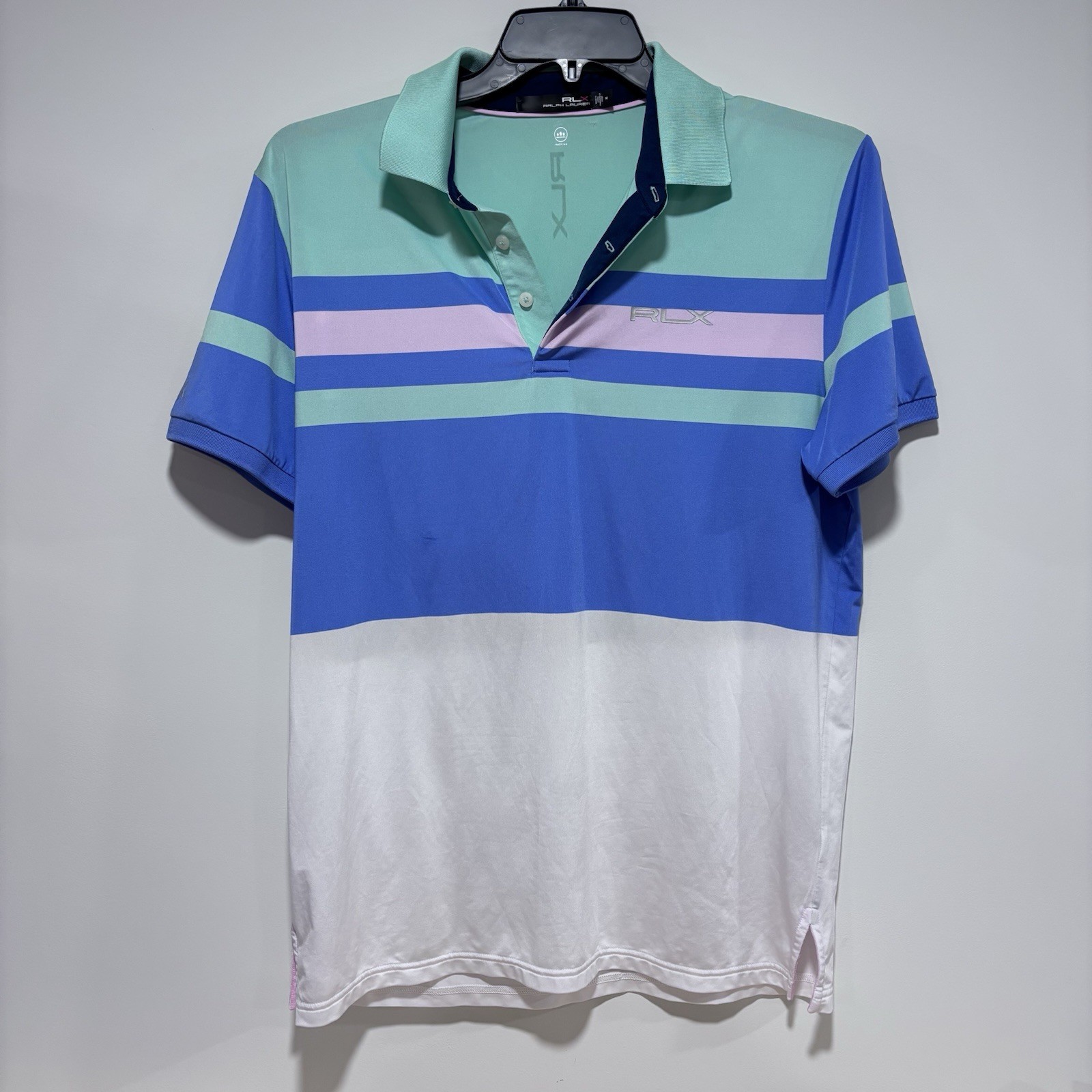 RLX Ralph Lauren Performance Polo Shirt Blue Stripe Wicking Men's Medium FLAW gallery