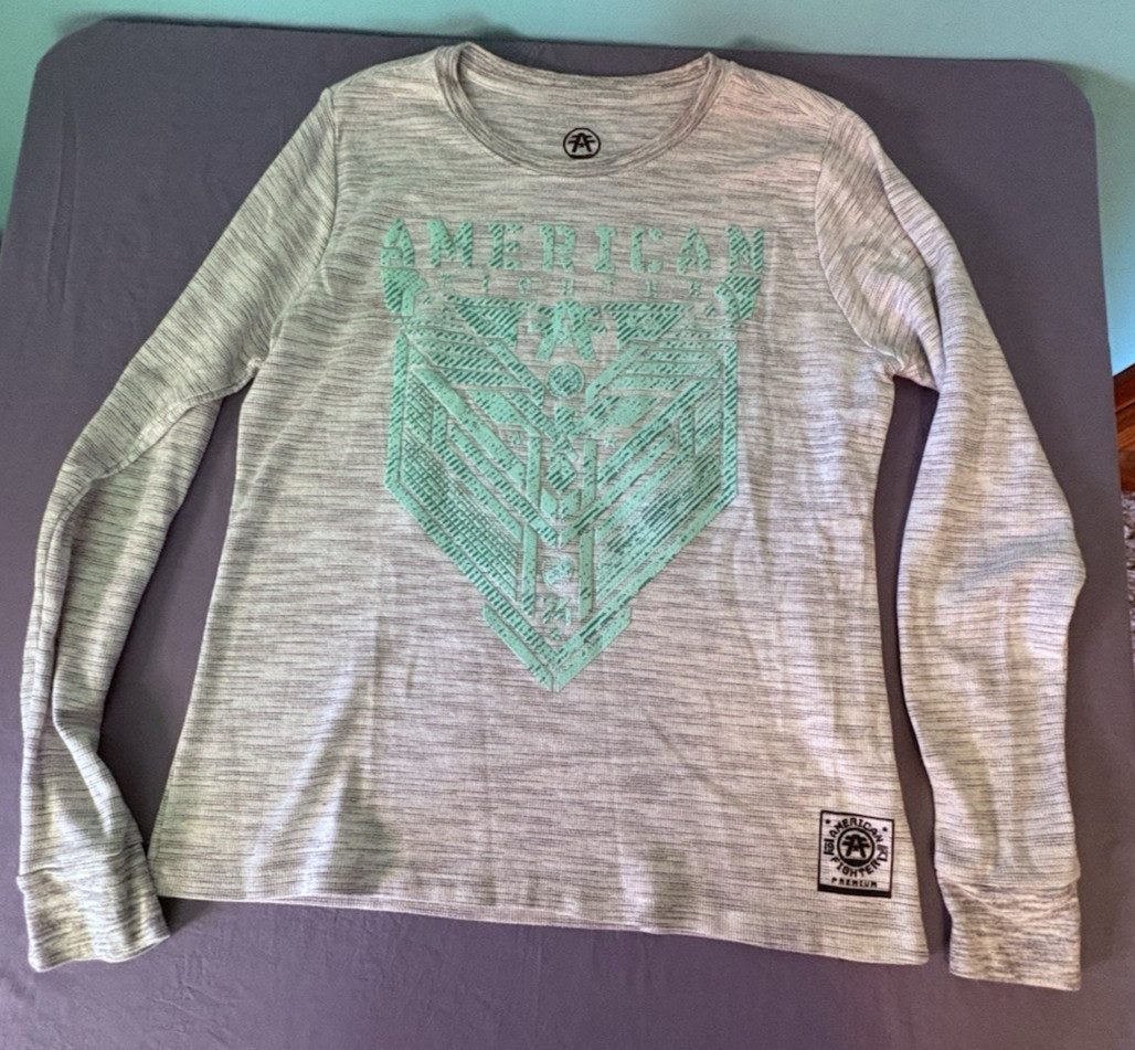 American Fighter Long Sleeve Logo Graphic Gray Shirt Size XL MMA UFC Teal gallery