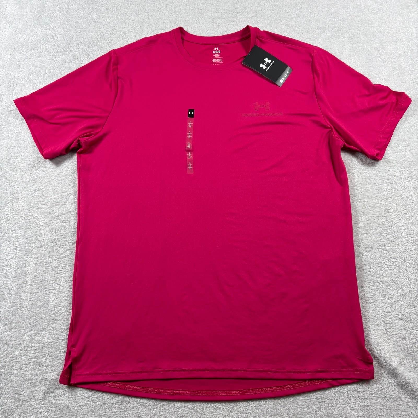 Under Armour Rush Vanish Energy T Shirt Mens Large Pink Logo Side Slit Athletic gallery