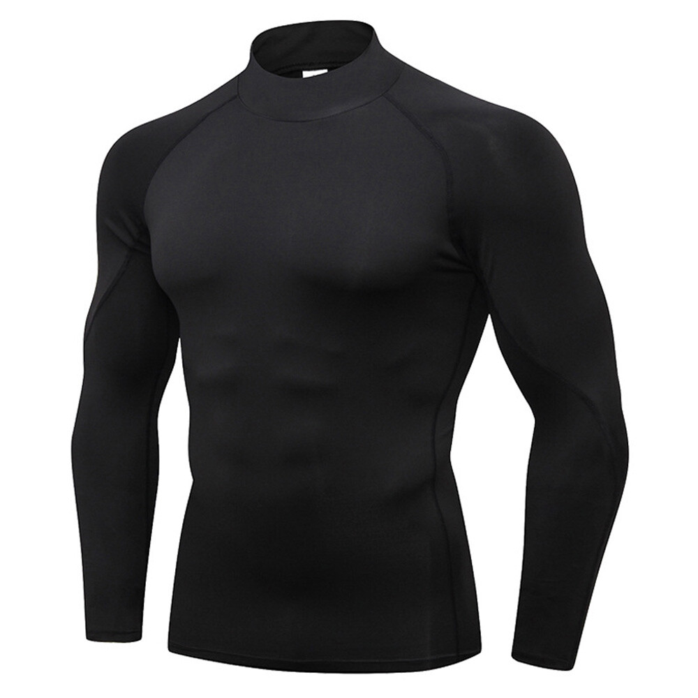 Men's Turtleneck Sports Tops Tight Elastic Fitness Training Long Sleeve T-Shirt gallery