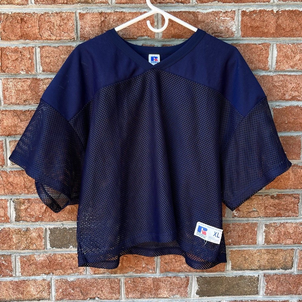 Vintage 80s 90s Russell Football Jersey Blue Mesh USA Made XL Oversized Cropped