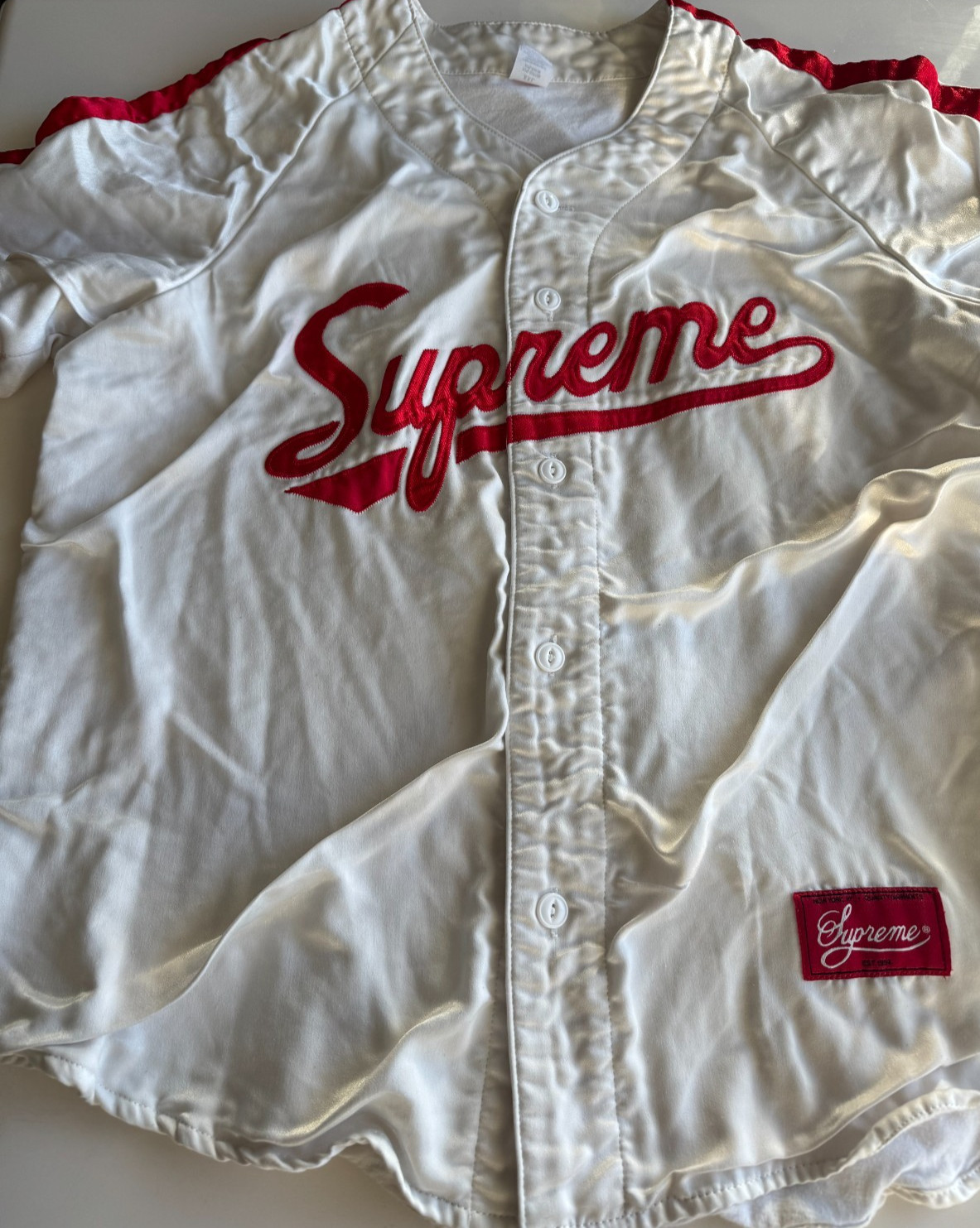 Supreme 1 (One) Satin Jersey Button Up Baseball Black RARE Size XXL WHITE 2XL gallery