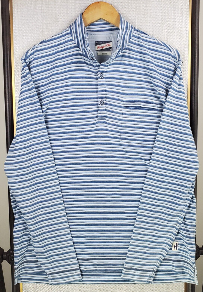 JOHNNIE O Size Medium Mens 1/4 Button Cotton Pullover Lightweight Blue Stripe
