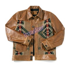 Mens Vintage Leather Western Tribal Aztec Jacket Southwestern Coat Button Navajo