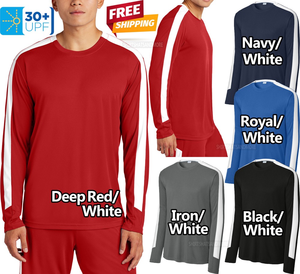 Mens Long Sleeve Moisture Wicking Tee Colorblock Sleeves UPF 30+ T-Shirt XS-4XL